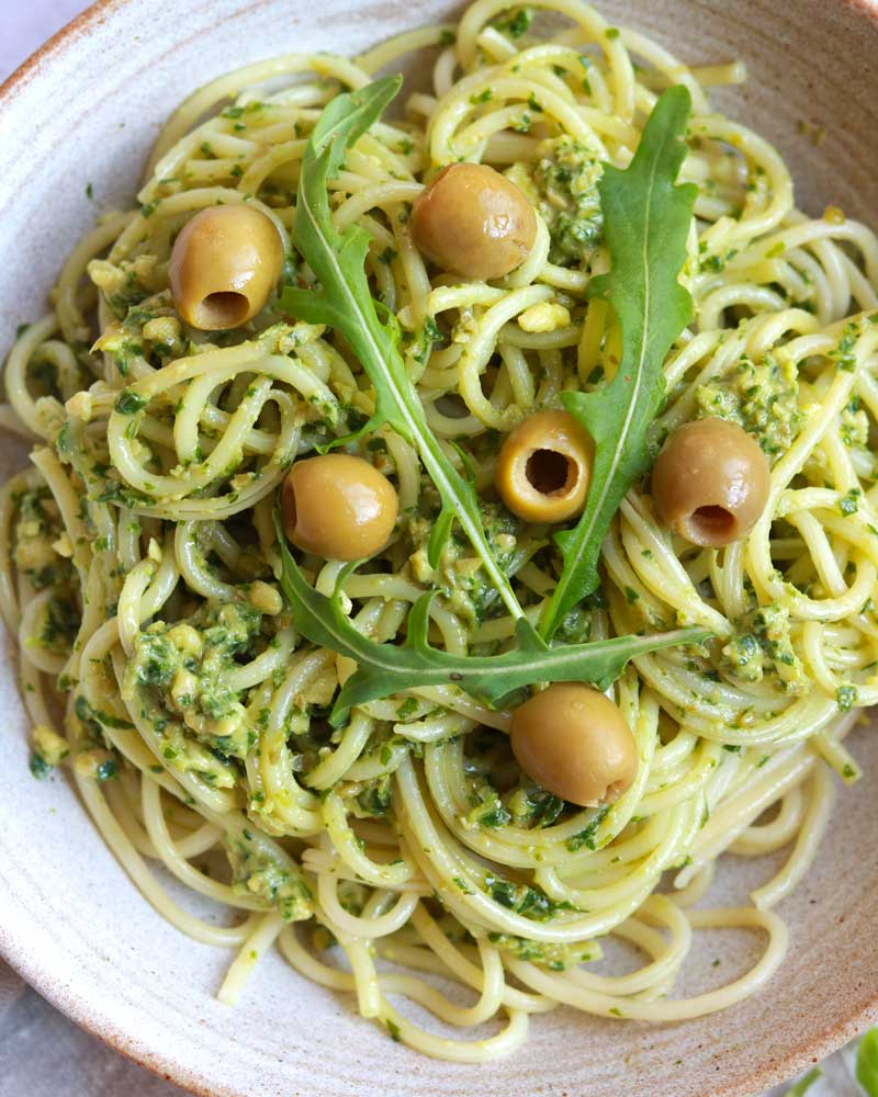 Chunky Rocket, Olive & Cashew Pesto dip in pasta