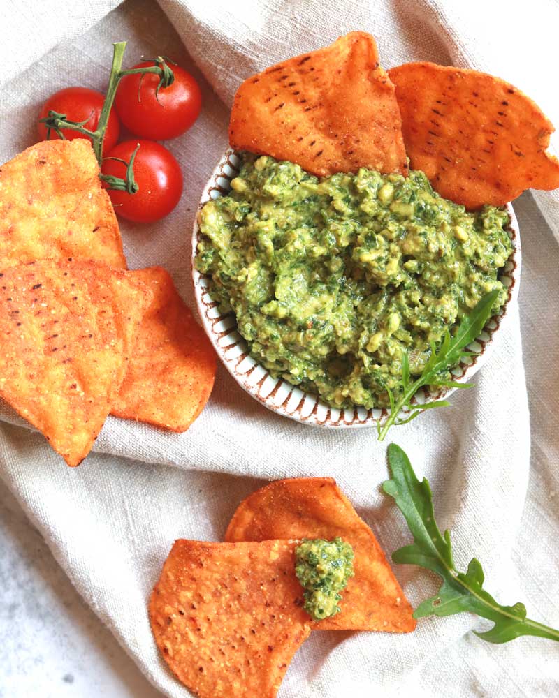 Chunky Rocket, Olive & Cashew Pesto dip as a Dip with tortilla crisps