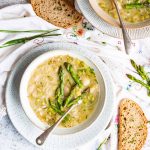 Healthy vegan asparagus soup in a bowl.