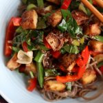 Crunchy Tofu, Veggies and Soba Noodle stir fry up close
