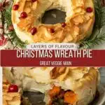 The wreath pie on a platter with some rosemary around it.