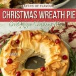 The wreath pie on a platter with some rosemary around it.