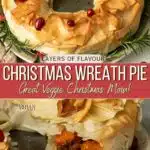 The wreath pie on a platter with some rosemary around it.