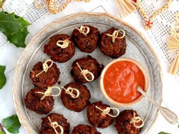 Sweet and Spicy Bean balls with tomato sauce on a platter ready to serve
