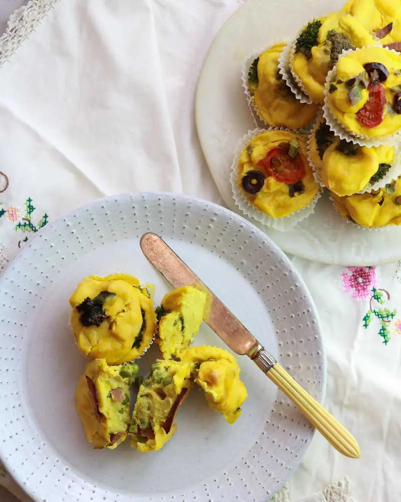 Eggless Bites on a plate, cut open so you can see the inside