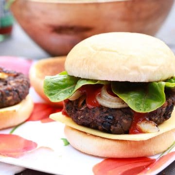 A yummy vegan seitan burger in a bun with all the trimmings.
