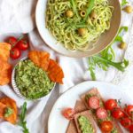 Chunky Rocket, Olive & Cashew Pesto dip on pasta, on crackers and as a dip on a table