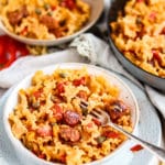 Red Pepper and Chorizo Pasta in a bowl