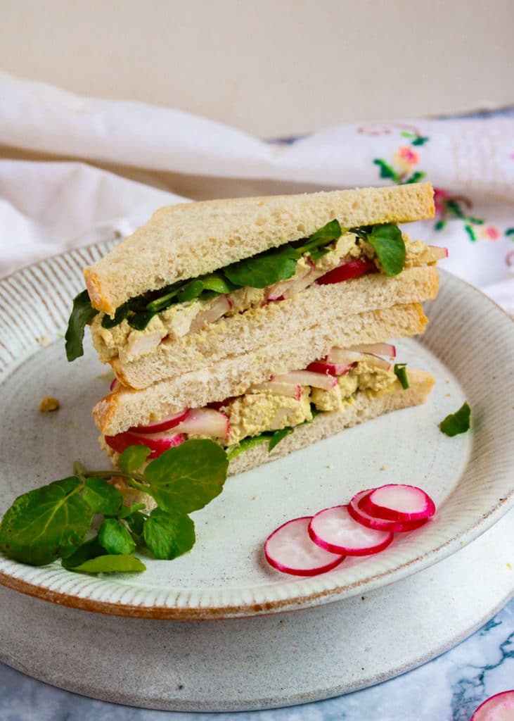 Classic Vegan 'Egg' and Cress sandwich cut open.