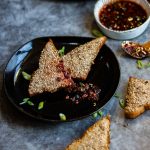 Vegan Sesame Prawn toasts on a plate