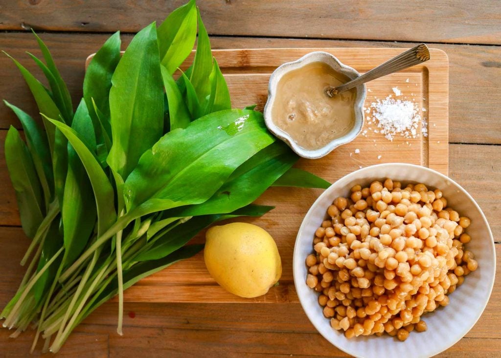 Ingredients laid out for the hummus: from left to right: Wild Garlic, Tahini, Salt, Chickpeas and lemon