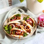 Vegan Hoisin Chicken Bao buns on a plate ready to eat.