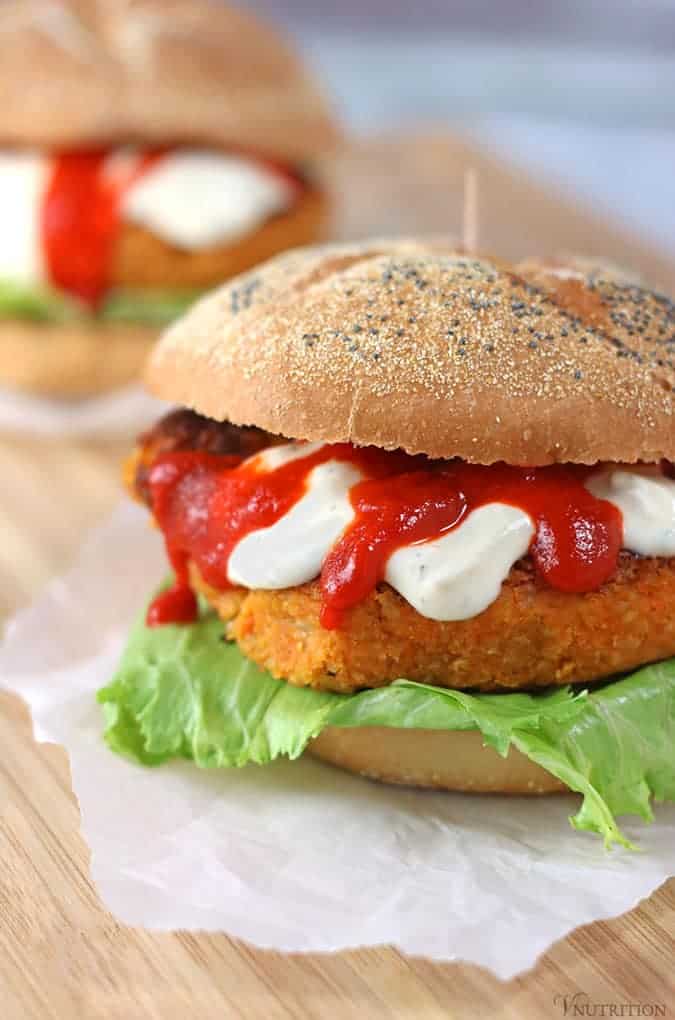 vegan burger with siracha in a bun