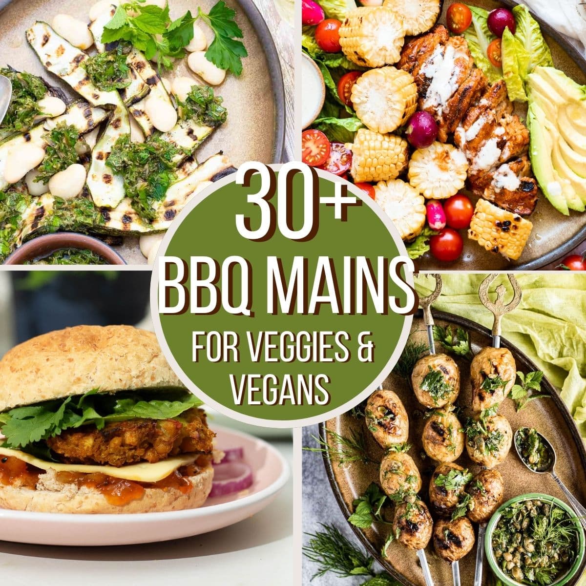 Collage of 4 recipes suited for a BBQ that are vegan.