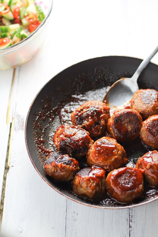 vegan lentil meatballs in a pan to show the perfect vegan BBQ recipe