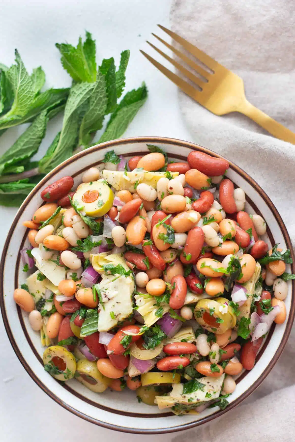 A bowl of three bean salad ready to serve.