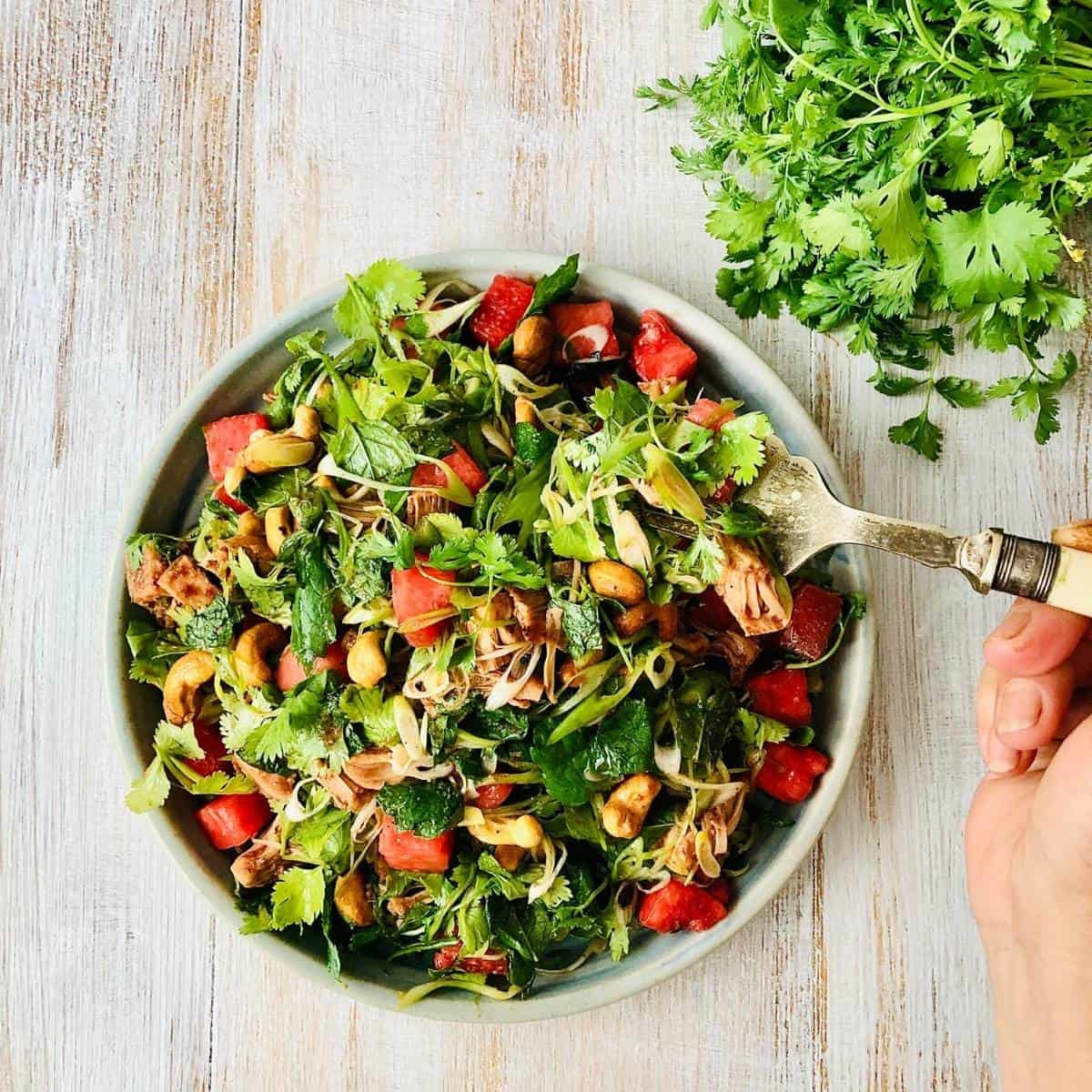 Vegan 'Duck' and watermelon salad in a bowl with a fork reaching in to pick some up.