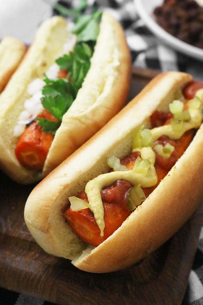 vegan carrot hotdogs in hot dog buns