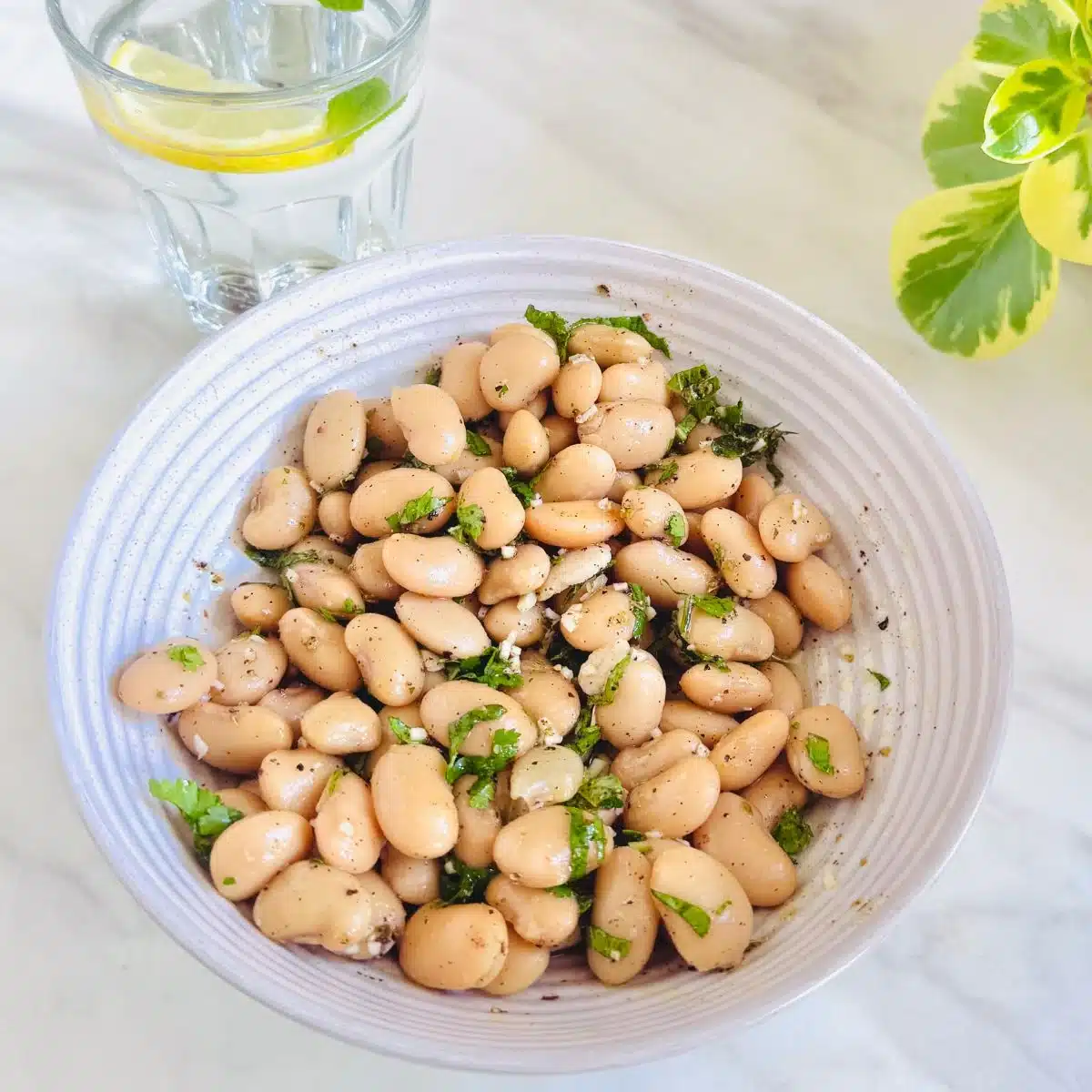 A bowl of butter bean salad ready to eat.