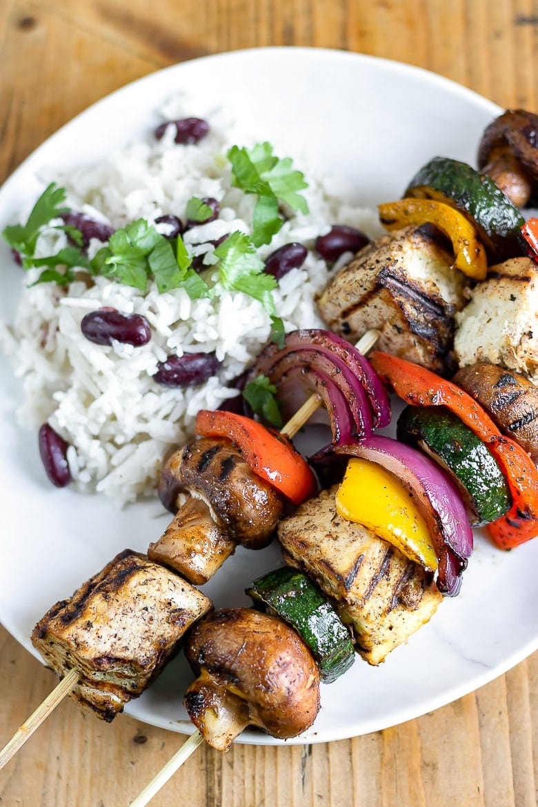 vegan grilledtofu skewers with rice and peas