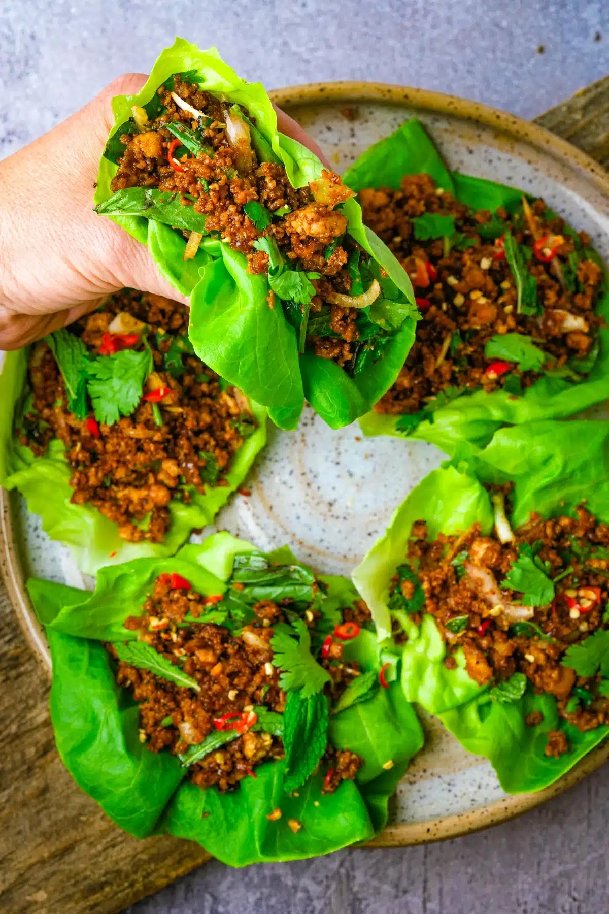 Tofu Larb lettuce cups with a hand holding one up to the camera.