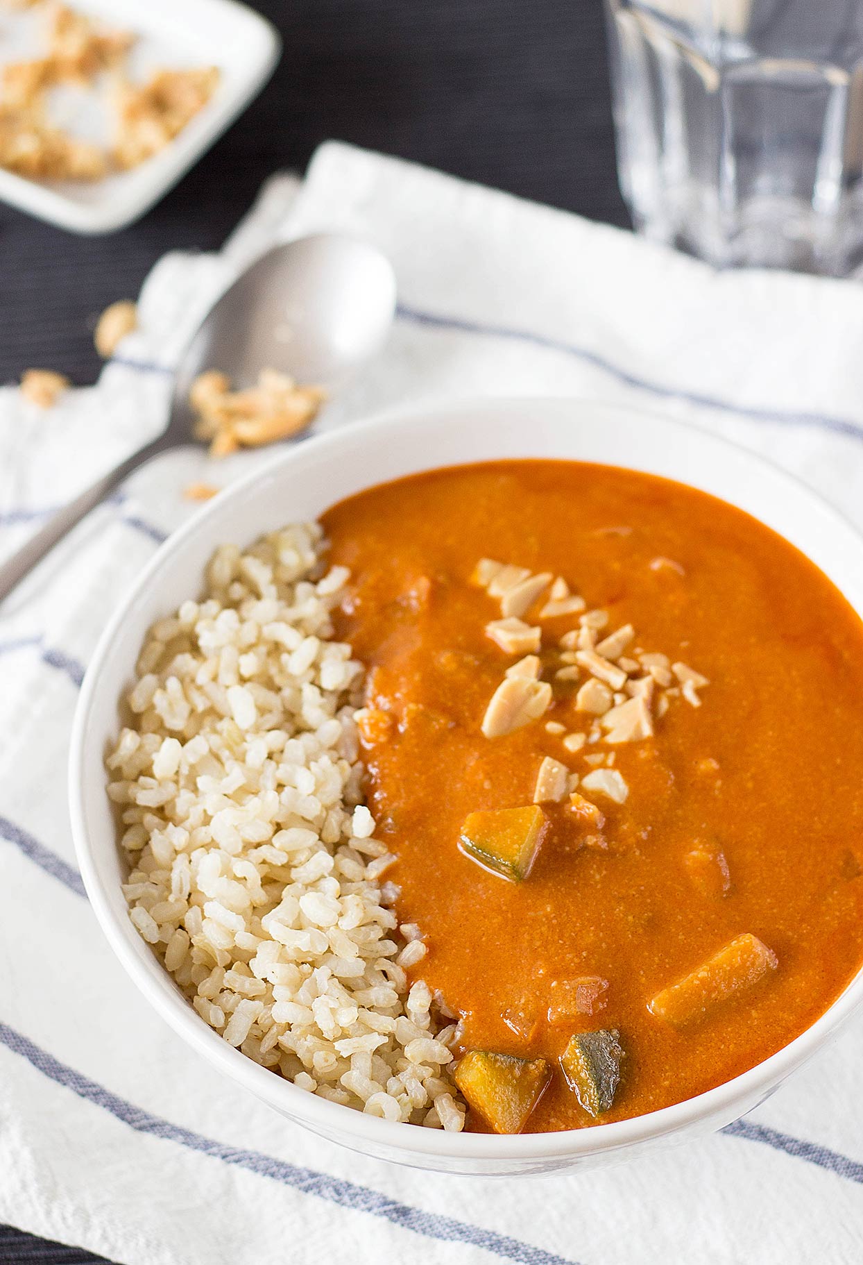 African peanut soup in a bowl with rice