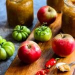 Green tomato and chilli chutney getting prepared.