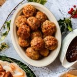 cooked tempeh stuffing balls in a dish