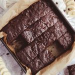 A pan of chocolate banana brownies with a few taken out of the pan.