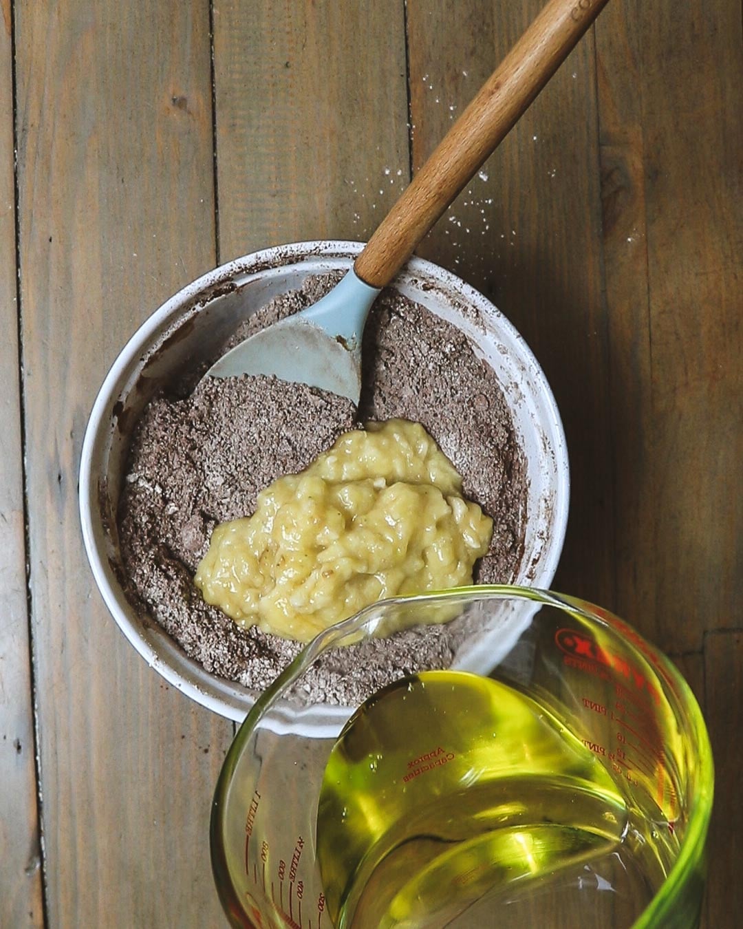 Add the banana, oil and vegan milk.