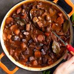 mushroom and tofu bourguignon in a pot