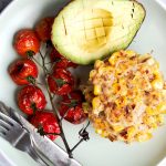 vegan corn fritters with avocado and tomatoes on a plate
