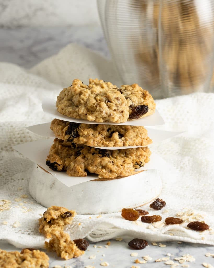 Close up of the stack of vegan oatmeal raisin cookies