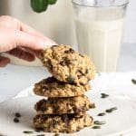 A stack od vegan chocolate chip oatmeal cookies.