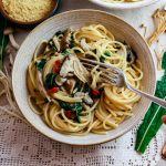 A yummy bowl of pasta with mushrooms and a smoked garlic sauce.
