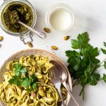 Parsley Pistachio pesto in a jar and on some pasta.