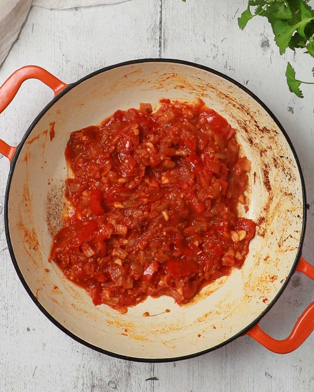 The curry tomato base all cooked and ready to remove from the pan.