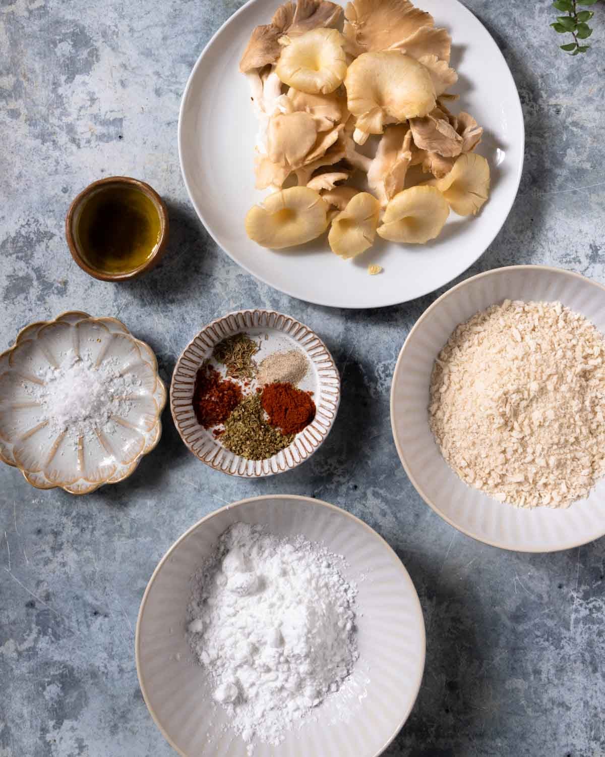 Ingredients for the air fried oyster mushrooms lined up.