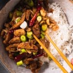 Vegan kung pao chicken in a bowl ready to be eaten.