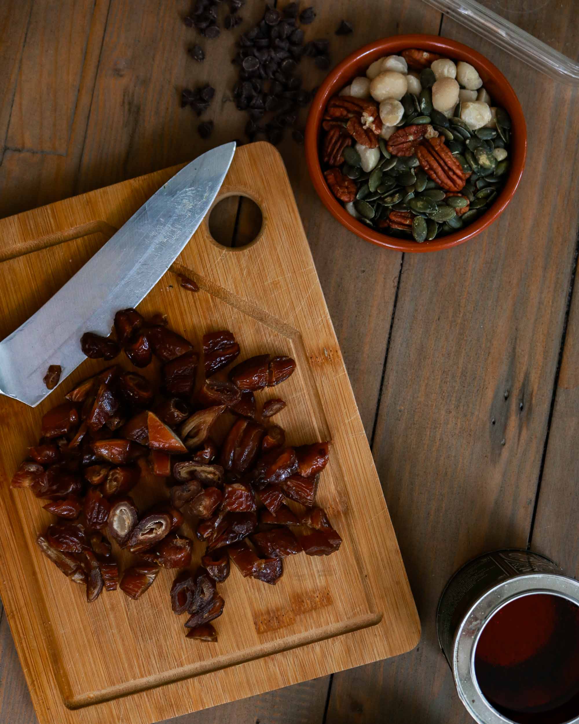 Cutting up the dates and removing the seeds for the flapjacks.