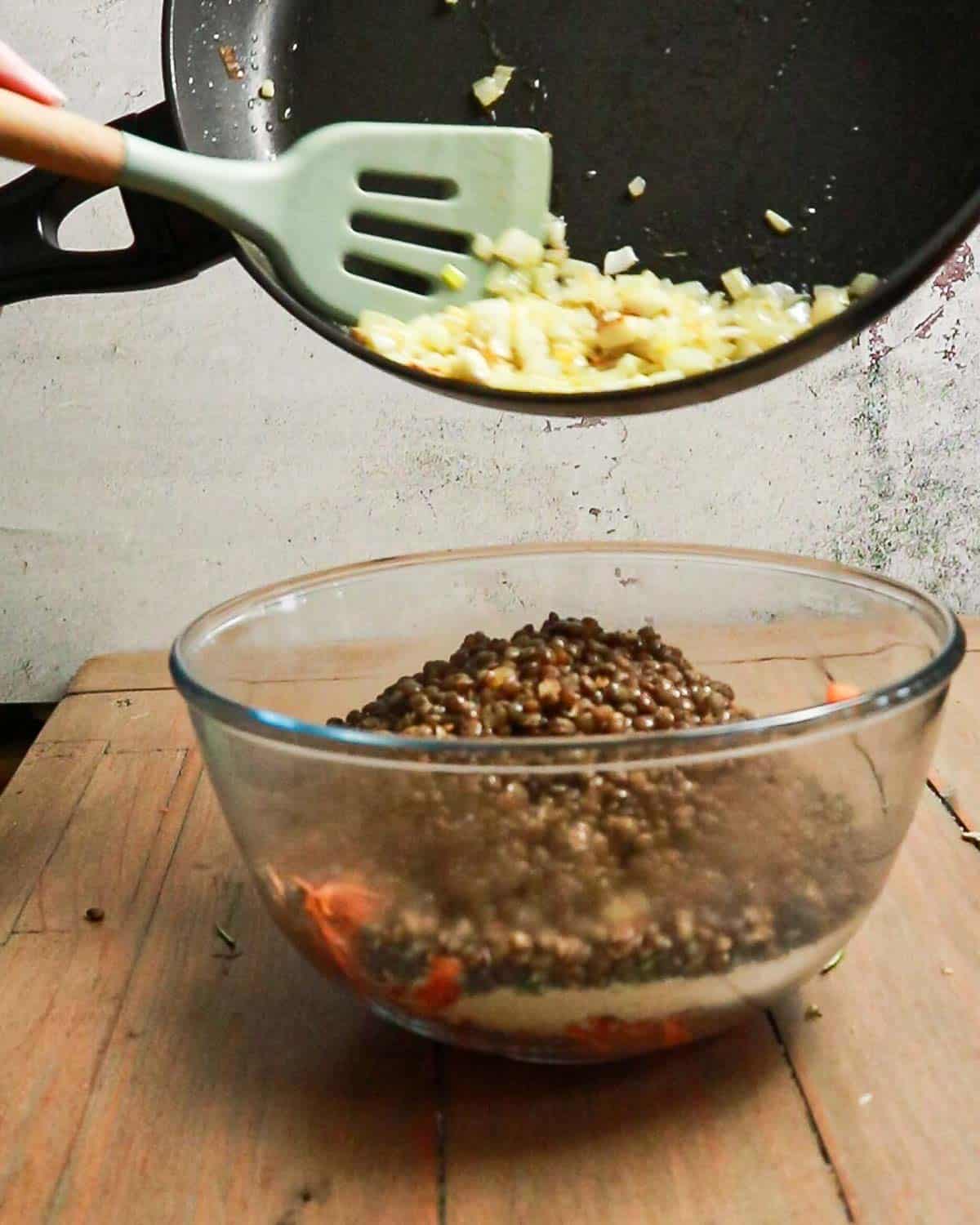 Add lentils, onion and garlic to the rest of the ingredients.