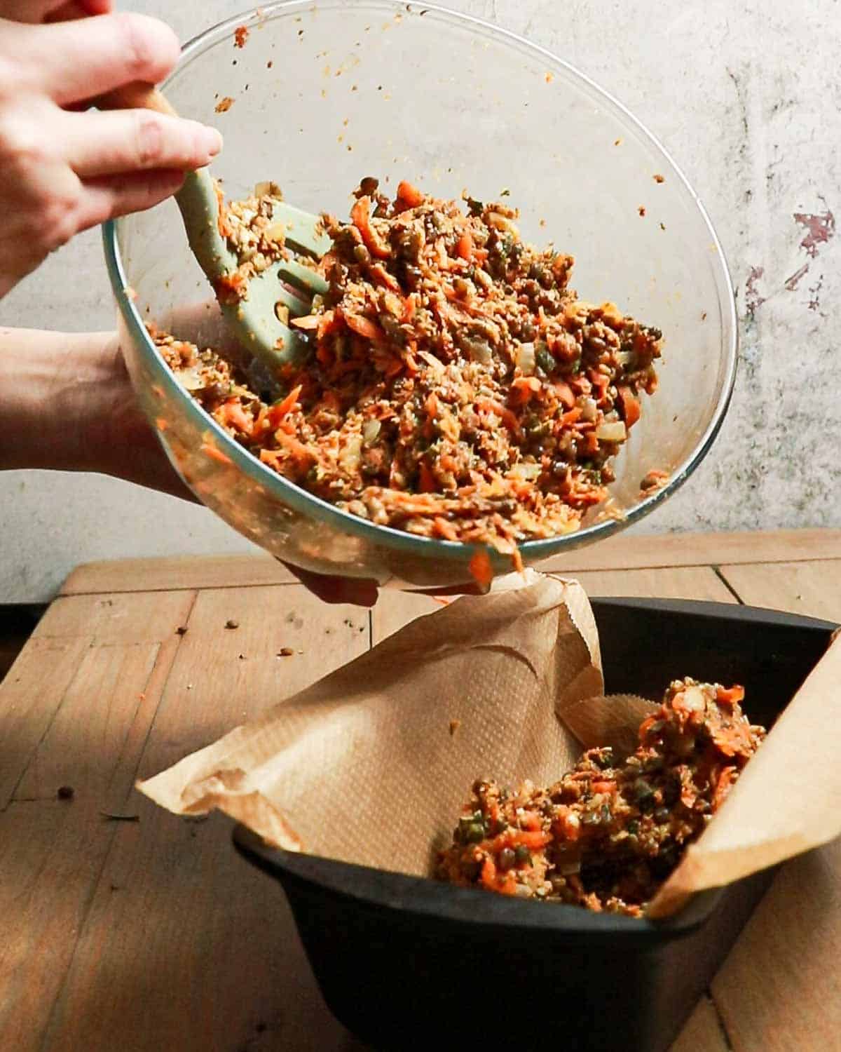 Put the lentil loaf mixture into a loaf tin. Bake.