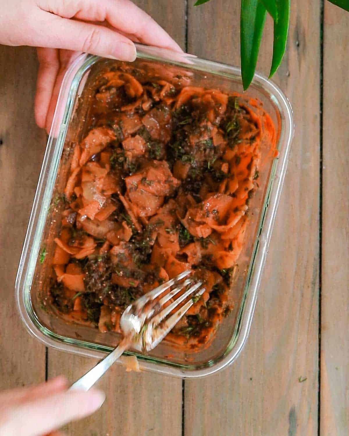 Showing the carrots that have been marinated and are now ready to rinse and use. 