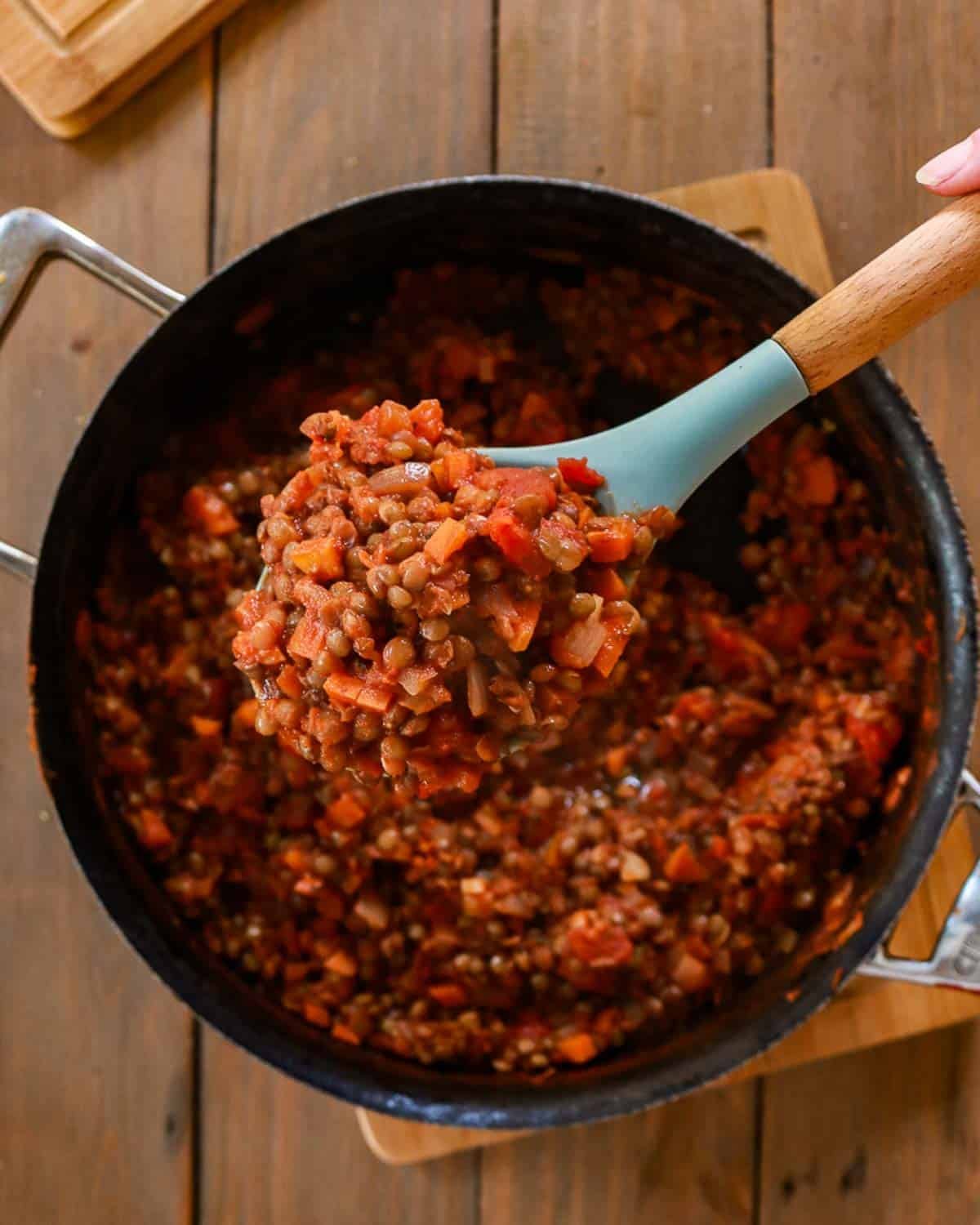 The finished cooked lentil bolognese ready to eat.