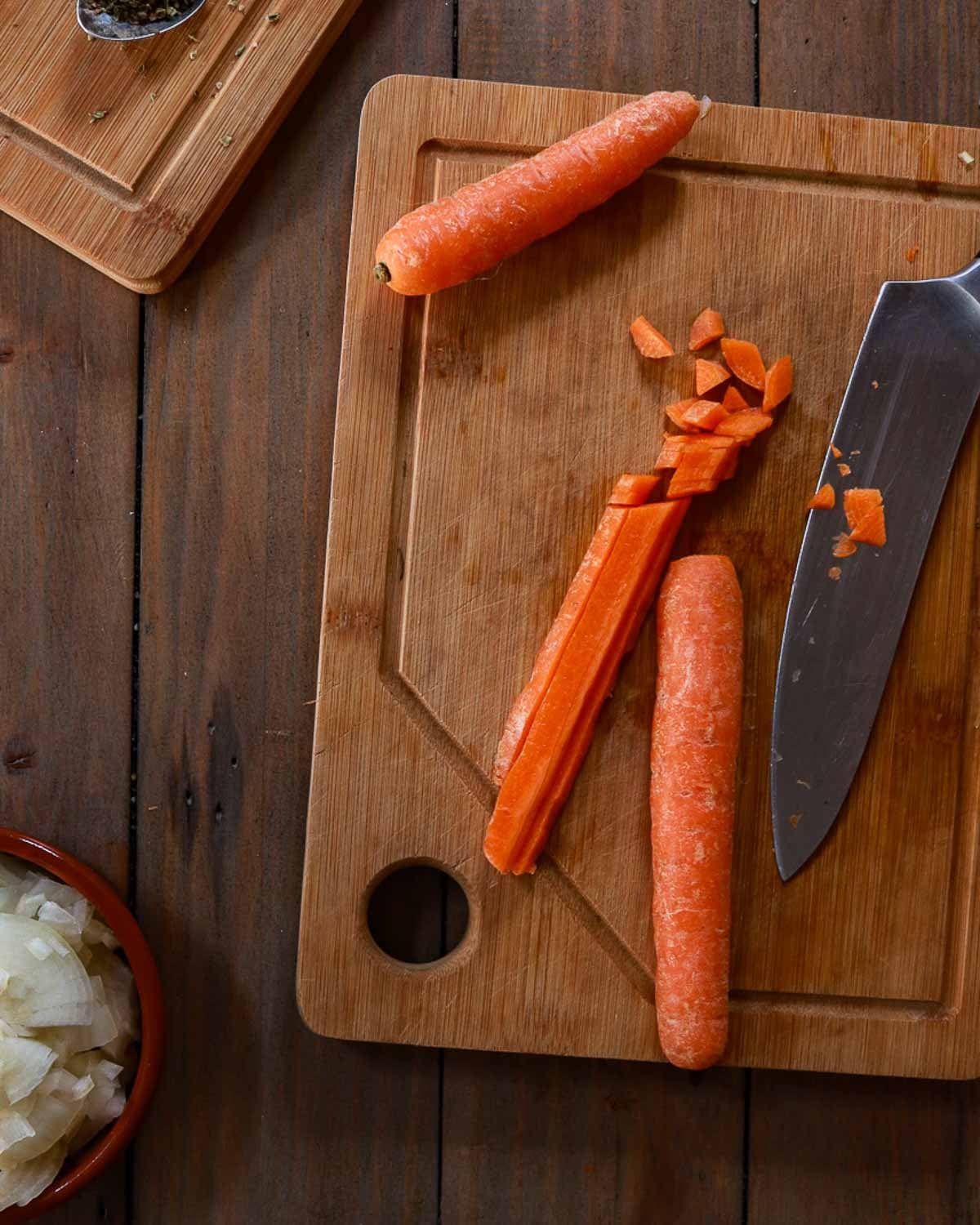 Chopped carrots ready to go into the bolognese.