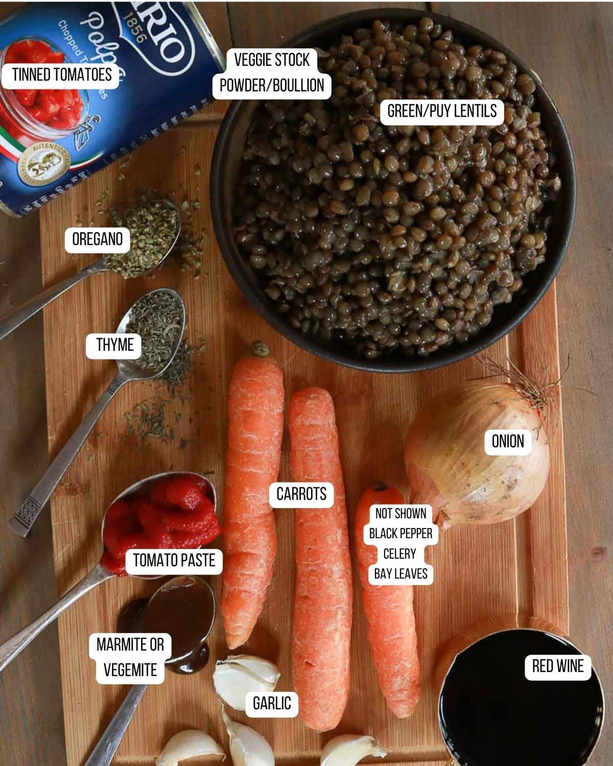 Ingredients for the lentil bolognese laid out.