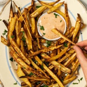 Air Fryer Parsnip chips with a mayo dip.