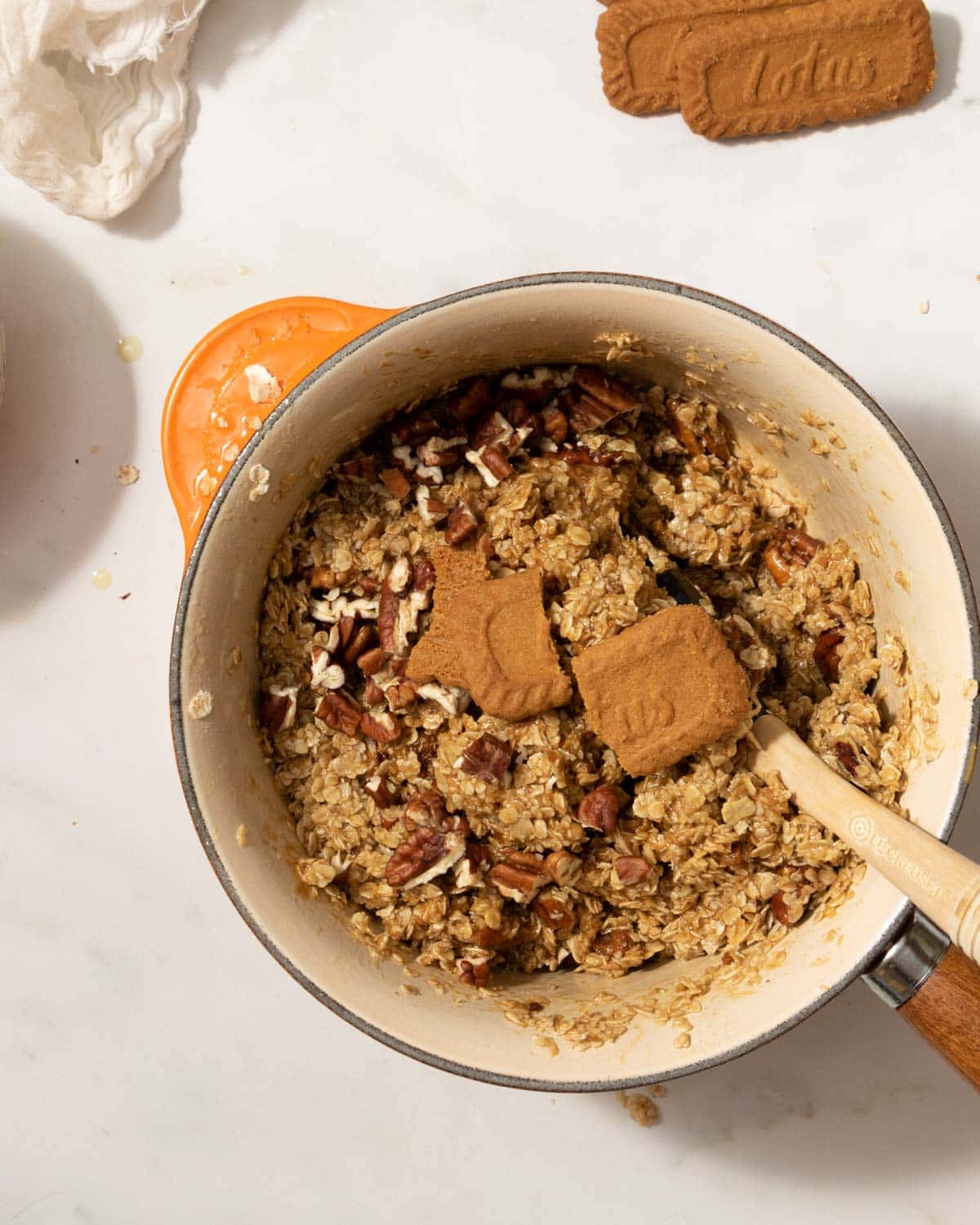 Mix well, add any nuts or cookie chunks to the flapjack mixture and mix to combine.