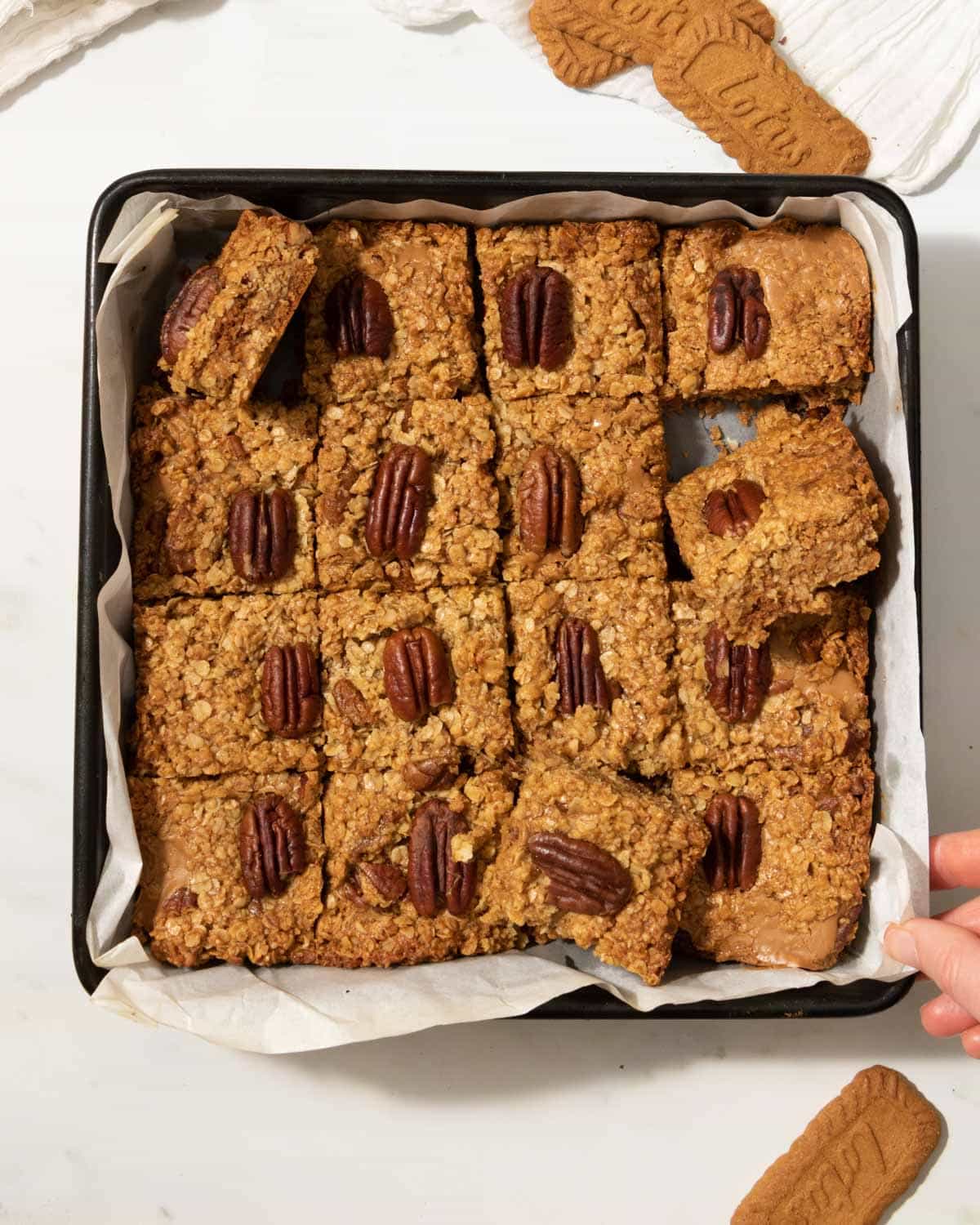 A tray of biscoff flapjacks ready to serve.