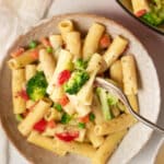Creamy veggie pasta with a fork.